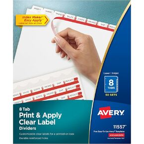 Avery 8-Tab Binder Dividers, Easy Print & Apply Clear Label Strip, Index Maker, White Tabs, 50 Sets (11557)