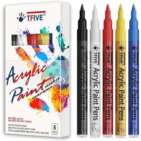 TFIVE Paint Marker Paint Pens - 5 Colors Acrylic Permanent Marker, 0.7mm Extra Fine Tip Paint Pen for Art Projects, Drawing, Rock Painting, Ceramic, Glass, Wood, Plastic, Metal, Canvas DIY Crafts