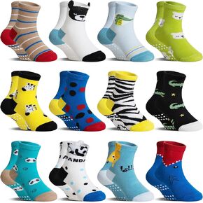 DoSmart 12 Pairs Baby Boys Toddlers Grips Socks Kids Infants Anti Slip Non Skid Funny Cartoon Breathable Cotton Crew Socks