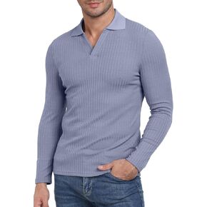 YTD Men's Muscle V Neck Polo Shirts Slim Fit Long Sleeve Golf T-Shirts Ribbed Knit Soft Casual Tees