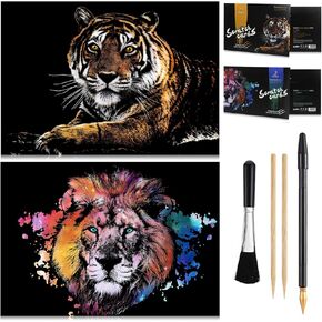 MIASTAR 2 Pack Scratch Art Animal Rainbow Painting Paper, Creative foil Scratch Art Toys Gift, Engraving Art & Craft Set, DIY Sketch Card Scratchboard for Kids & Adults - 16'' x 11.2'' (Lion/Tiger)