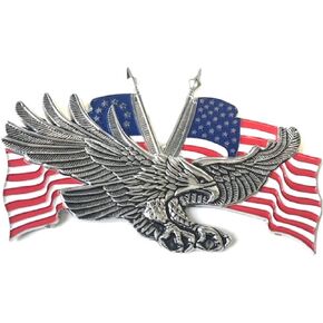 4.25" X 2.75" inch Eagle USA Metal Medallion Harley Sportster Sissy Bar Backrest Davidson Bobber Chopper Emblem Logo Stick On 3M Decal Sticker Biker Motorcycle Pewter Chrome Red White Blue Flags USA !