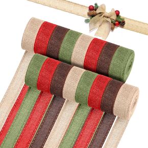 16 Rolls 87 Yards Burlap Ribbon Christmas Wired Edge Ribbons Christmas Fabric Wired Ribbons Weave Ribbon for Gift Wrapping Christmas Decoration, 4 Colors, 2.4 Inch, 1 Inch