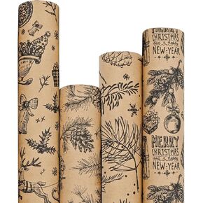 LDGOOAEL Christmas Wrapping Paper, Kraft Paper - Candy Cane, Stocking and Strobile Designs - 4 Rolls - 30 Inches x 10 Feet Per Roll