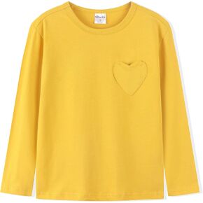 Noomelfish Girls Long Sleeve Heart Pocket T-Shirts Casual Cotton Tee Tops Blouse (5-12 Years)