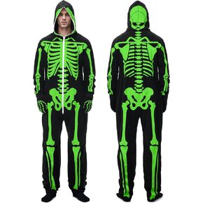 Halloween Skeleton Costume for Men Glow in Dark Two-Sided Print Adult Jumpsuit Mens Bodysuit with Zip Up Mask Outfit