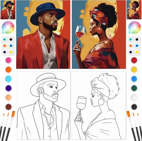 Dinifee 2 Pack Pre Drawn Canvas for Painting for Adults Sip and Paint Kit for Couple 8" x 10" Stretched Pre Printed Canvas for Couples Date Night Valentine Party(Wine Glass Couple) in Saudi Arabia