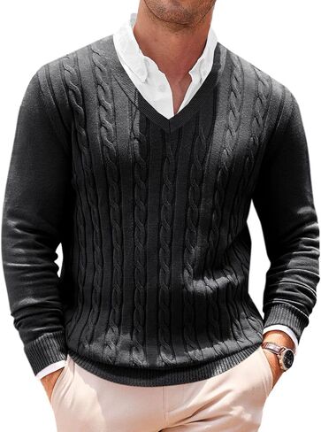 Runcati Mens V Neck Sweater Cable Knit Long Sleeve Casual Ribbed Twisted Pullover Sweaters in Saudi Arabia