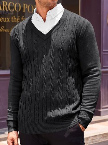 Runcati Mens V Neck Sweater Cable Knit Long Sleeve Casual Ribbed Twisted Pullover Sweaters in Saudi Arabia
