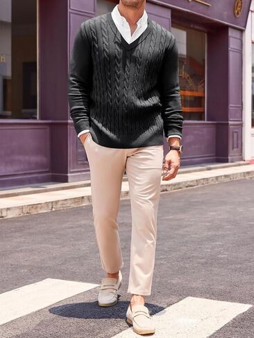 Runcati Mens V Neck Sweater Cable Knit Long Sleeve Casual Ribbed Twisted Pullover Sweaters in Saudi Arabia