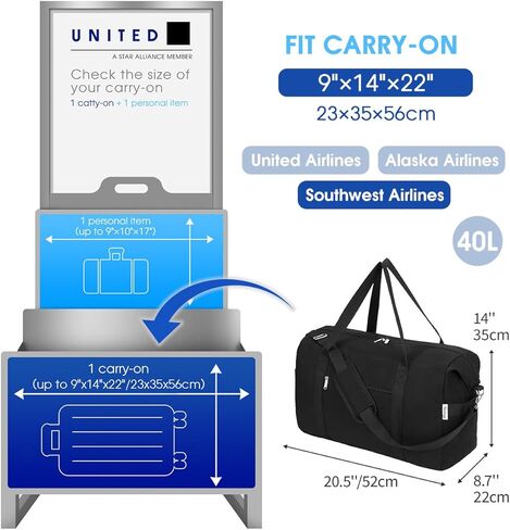 Narwey كاري على الأمتعة 22x14x9 الخطوط الجوية المعتمدة قابلة للطي على حقيبة السفر القماش الخشن قابلة للتعبئة مع جيب مبلل بين عشية وضحاها للنساء والرجال 40L (أسود) in Kuwait