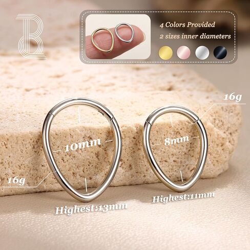 BodyBonita 16G Septum Rings Teardrop - 316L Surgical Steel Nose Rings Hoops Teardrop Seamless Hinged Cartilage Earrings for Women Conch Daith Piercing Jewelry Helix Rook Lip Gold/Silver/Black/RoseGold in Kuwait