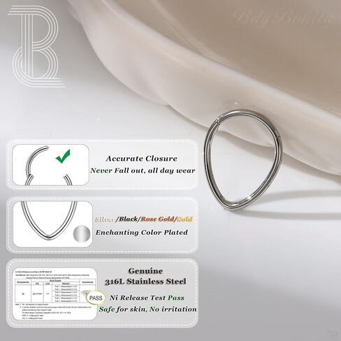 BodyBonita 16G Septum Rings Teardrop - 316L Surgical Steel Nose Rings Hoops Teardrop Seamless Hinged Cartilage Earrings for Women Conch Daith Piercing Jewelry Helix Rook Lip Gold/Silver/Black/RoseGold in Kuwait