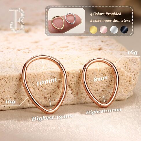BodyBonita 16G Septum Rings Teardrop - 316L Surgical Steel Nose Rings Hoops Teardrop Seamless Hinged Cartilage Earrings for Women Conch Daith Piercing Jewelry Helix Rook Lip Gold/Silver/Black/RoseGold in Kuwait