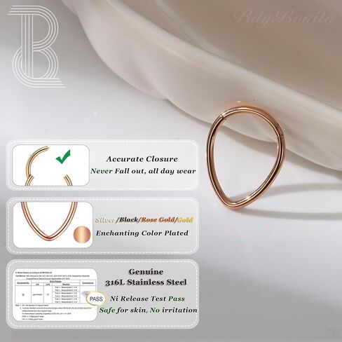 BodyBonita 16G Septum Rings Teardrop - 316L Surgical Steel Nose Rings Hoops Teardrop Seamless Hinged Cartilage Earrings for Women Conch Daith Piercing Jewelry Helix Rook Lip Gold/Silver/Black/RoseGold in Kuwait