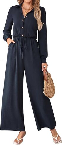 بذلة نسائية أنيقة كاجوال من قطعة واحدة وزر وأكمام طويلة ملفوفة ورباط وخصر وساق واسعة وسراويل طويلة in Kuwait