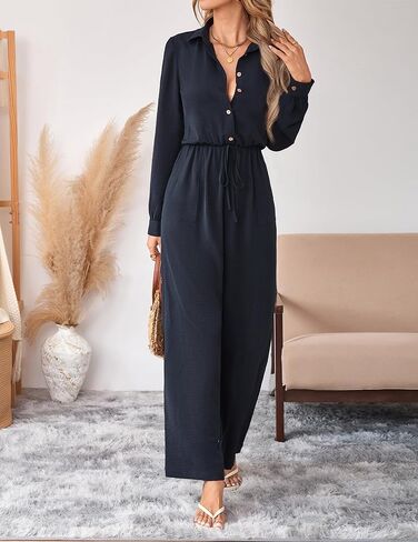 بذلة نسائية أنيقة كاجوال من قطعة واحدة وزر وأكمام طويلة ملفوفة ورباط وخصر وساق واسعة وسراويل طويلة in Kuwait