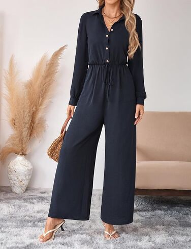 بذلة نسائية أنيقة كاجوال من قطعة واحدة وزر وأكمام طويلة ملفوفة ورباط وخصر وساق واسعة وسراويل طويلة in Kuwait