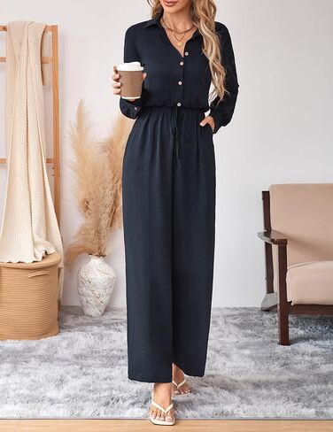 بذلة نسائية أنيقة كاجوال من قطعة واحدة وزر وأكمام طويلة ملفوفة ورباط وخصر وساق واسعة وسراويل طويلة in Kuwait