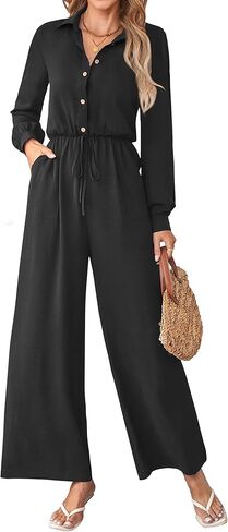 بذلة نسائية أنيقة كاجوال من قطعة واحدة وزر وأكمام طويلة ملفوفة ورباط وخصر وساق واسعة وسراويل طويلة in Kuwait