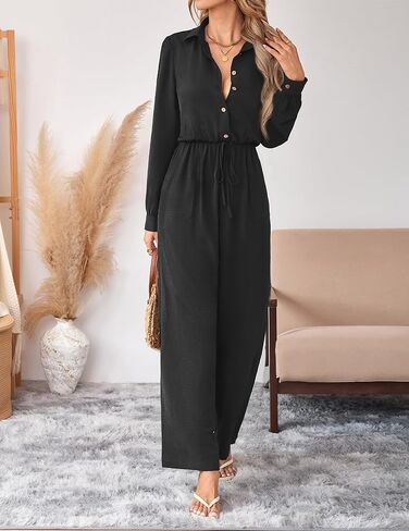 بذلة نسائية أنيقة كاجوال من قطعة واحدة وزر وأكمام طويلة ملفوفة ورباط وخصر وساق واسعة وسراويل طويلة in Kuwait