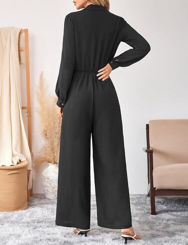 بذلة نسائية أنيقة كاجوال من قطعة واحدة وزر وأكمام طويلة ملفوفة ورباط وخصر وساق واسعة وسراويل طويلة in Kuwait