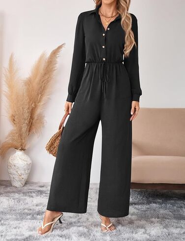 بذلة نسائية أنيقة كاجوال من قطعة واحدة وزر وأكمام طويلة ملفوفة ورباط وخصر وساق واسعة وسراويل طويلة in Kuwait