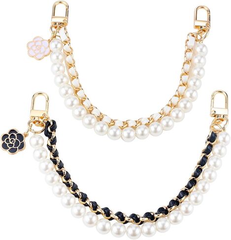 2Pcs Bag Extender Chain Metal Pearl Double Purse Strap Extenders for Handbags Crossbody Bag Gold Purse Extender Chain Purse Strap Replacement Black White Purse Accessories Bag Charms Mobile Phone Case in Saudi Arabia
