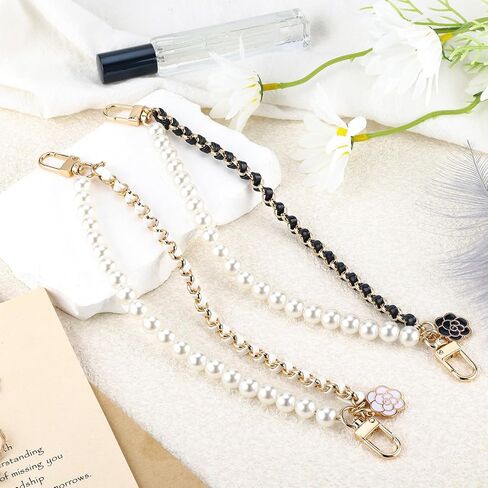 2Pcs Bag Extender Chain Metal Pearl Double Purse Strap Extenders for Handbags Crossbody Bag Gold Purse Extender Chain Purse Strap Replacement Black White Purse Accessories Bag Charms Mobile Phone Case in Saudi Arabia