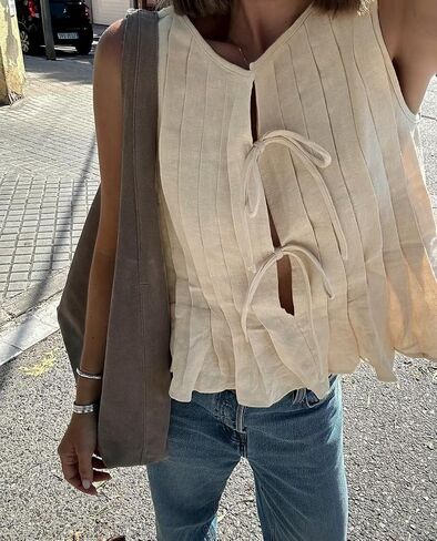 Linen Bow Tie Front Tank Top Women Coquette Pleated Peplum Blouse Y2K Babydoll Ruffle Shirt Sleeveless Tunic Outfits in Kuwait