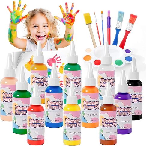 Homcosan Washable Finger Paint 12 Colors Set Large Capacity (2.1fl oz) with Brushes/Paper Non Toxic Finger Paints Art Painting Supplies for Hand Painting DIY Crafts Gifts in Saudi Arabia