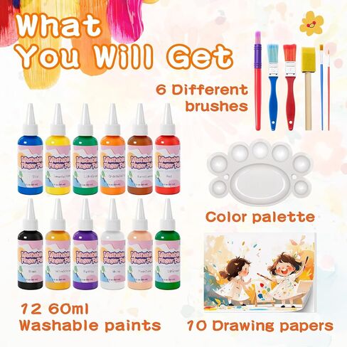 Homcosan Washable Finger Paint 12 Colors Set Large Capacity (2.1fl oz) with Brushes/Paper Non Toxic Finger Paints Art Painting Supplies for Hand Painting DIY Crafts Gifts in Saudi Arabia