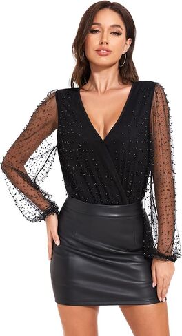 Women's Sexy V Neck Rhinestone Bodysuit Pearl Top Mesh Long Sleeve Wrap Blouse Body Suit Sparkly Concert Outfit in Saudi Arabia