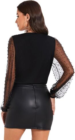 Women's Sexy V Neck Rhinestone Bodysuit Pearl Top Mesh Long Sleeve Wrap Blouse Body Suit Sparkly Concert Outfit in Saudi Arabia