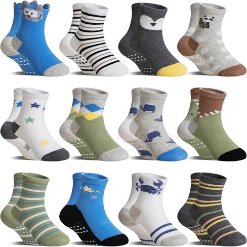 DoSmart 12 Pairs Baby Boys Toddlers Grips Socks Kids Infants Anti Slip Non Skid Funny Cartoon Breathable Cotton Crew Socks in Saudi Arabia