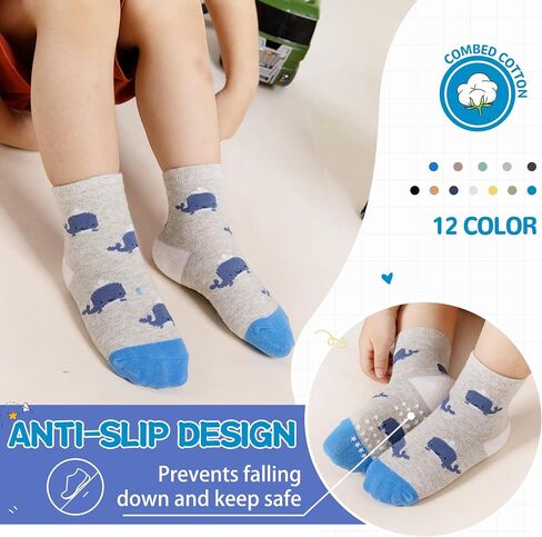 DoSmart 12 Pairs Baby Boys Toddlers Grips Socks Kids Infants Anti Slip Non Skid Funny Cartoon Breathable Cotton Crew Socks in Saudi Arabia