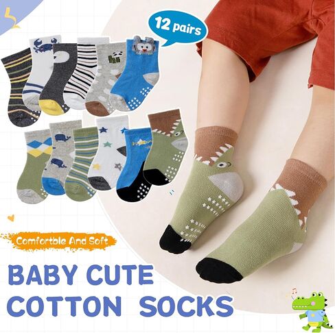 DoSmart 12 Pairs Baby Boys Toddlers Grips Socks Kids Infants Anti Slip Non Skid Funny Cartoon Breathable Cotton Crew Socks in Saudi Arabia