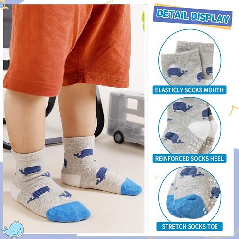 DoSmart 12 Pairs Baby Boys Toddlers Grips Socks Kids Infants Anti Slip Non Skid Funny Cartoon Breathable Cotton Crew Socks in Saudi Arabia