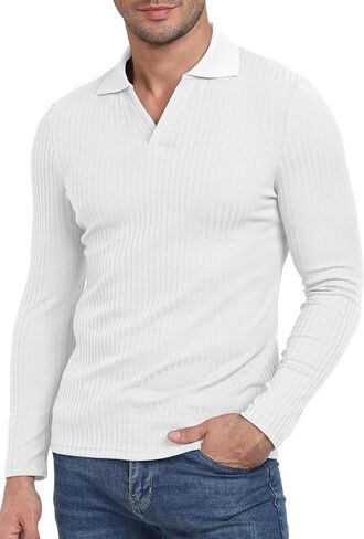 YTD Men's Muscle V Neck Polo Shirts Slim Fit Long Sleeve Golf T-Shirts Ribbed Knit Soft Casual Tees in Saudi Arabia