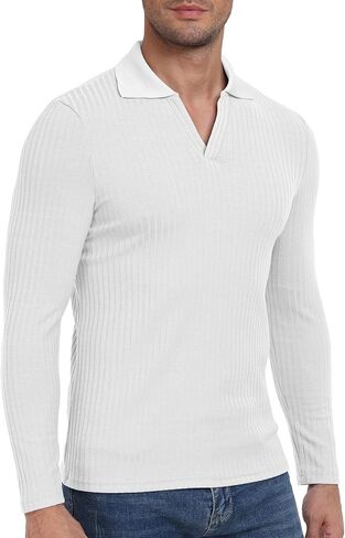 YTD Men's Muscle V Neck Polo Shirts Slim Fit Long Sleeve Golf T-Shirts Ribbed Knit Soft Casual Tees in Saudi Arabia