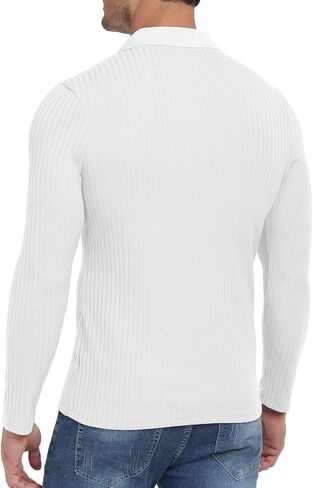 YTD Men's Muscle V Neck Polo Shirts Slim Fit Long Sleeve Golf T-Shirts Ribbed Knit Soft Casual Tees in Saudi Arabia