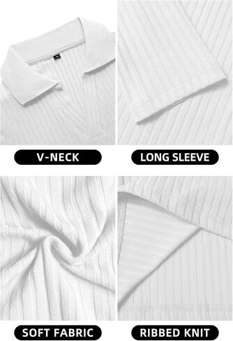 YTD Men's Muscle V Neck Polo Shirts Slim Fit Long Sleeve Golf T-Shirts Ribbed Knit Soft Casual Tees in Saudi Arabia