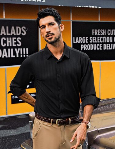 PJ PAUL JONES Men's Casual Stretch Shirts Wrinkle Free Herringbone Button Down Shirts Long Sleeve Dress Shirt in Saudi Arabia