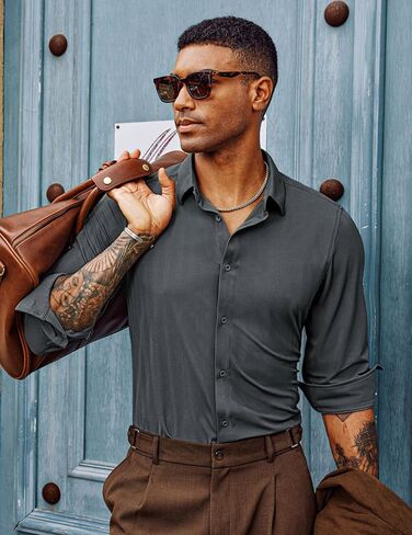 PJ PAUL JONES Men's Casual Stretch Shirts Wrinkle Free Herringbone Button Down Shirts Long Sleeve Dress Shirt in Saudi Arabia