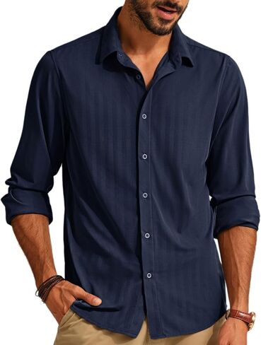 PJ PAUL JONES Men's Casual Stretch Shirts Wrinkle Free Herringbone Button Down Shirts Long Sleeve Dress Shirt in Saudi Arabia