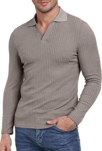 YTD Men's Muscle V Neck Polo Shirts Slim Fit Long Sleeve Golf T-Shirts Ribbed Knit Soft Casual Tees in Saudi Arabia