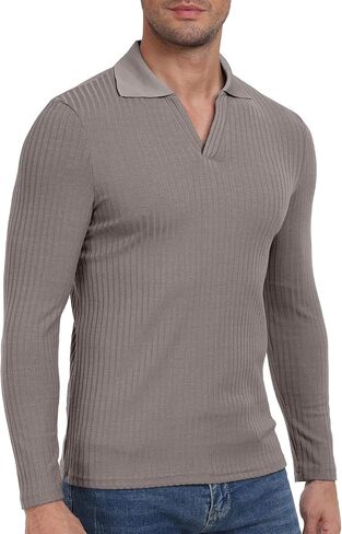 YTD Men's Muscle V Neck Polo Shirts Slim Fit Long Sleeve Golf T-Shirts Ribbed Knit Soft Casual Tees in Saudi Arabia