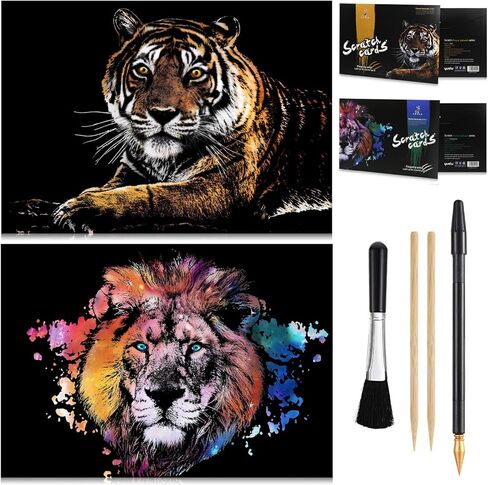 MIASTAR 2 Pack Scratch Art Animal Rainbow Painting Paper, Creative foil Scratch Art Toys Gift, Engraving Art & Craft Set, DIY Sketch Card Scratchboard for Kids & Adults - 16'' x 11.2'' (Lion/Tiger) in Saudi Arabia