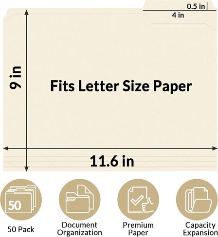 SUNEE File Folders with Fasteners, Manila Folders Letter Size, 2 Reinforced Fasteners, 1/3-Cut Tab, Manila, 50 Pack, Keep Organized for Your Office Documents School Files in Saudi Arabia