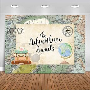 Mocsicka Adventure Awaits Baby Shower Backdrop Travel Themed Let The Adventure Begin Party Decorations World Map Travel Around The World Airplane Birthday Photo Background Banner